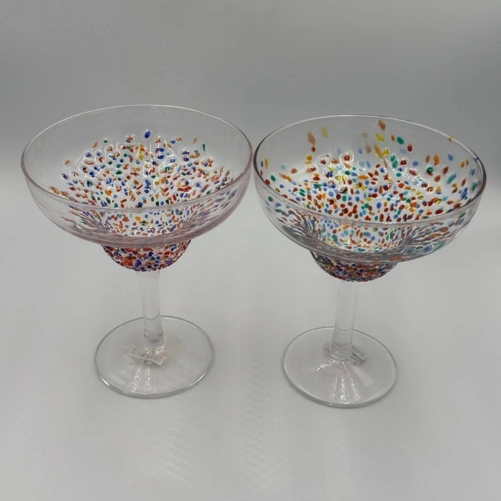 Pier 1 Hand Blown Multi Dot Margarita Glasses Set of 2 New Old Stock